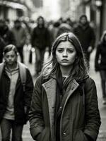 ai généré mental santé problèmes, Jeune femme des stands dans foule de gens dans une brumeux et triste ambiance. photo