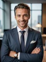 ai généré portrait de une Beau souriant homme d'affaire patron dans une costume permanent dans le sien moderne affaires entreprise bureau. photo