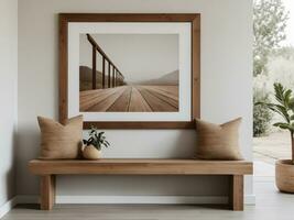 ai généré une en bois banc pour relaxant dans le couloir à l'intérieur le maison. photo