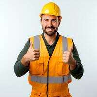 ai généré caucasien homme ouvrier souriant dans casque et Orange gilet avec les pouces en haut. homme isolé sur blanc Contexte. photo