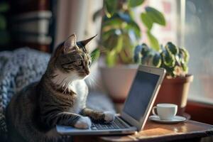 ai généré mignonne duveteux chat séance et en jouant avec portable ordinateur photo