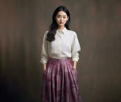 ai généré une Jeune asiatique femme dans une blanc chemisier et une à motifs violet jupe, permanent contre une texturé marron toile de fond photo
