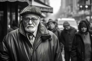 ai généré un vieux homme dans le premier plan, portant une manteau et chapeau, avec autre de la même manière obscurci personnes dans le arrière-plan, célébrer le beauté de tous les jours la vie photo