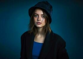 ai généré magnifique Jeune Anglais fille, portant une foncé chapeau, une noir manteau, et une bleu chemise photo