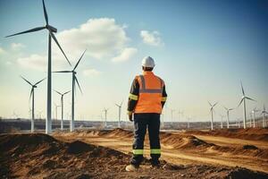 ai généré ingénieur à travail vent turbine et solaire panneau. génératif ai photo