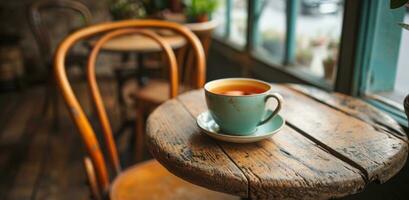 ai généré une tasse de thé est assis sur le table suivant à autre objets photo