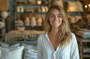 ai généré un image de une souriant femme dans une meubles boutique photo