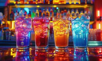 ai généré coloré bar dans le nuit scène avec glacé les boissons photo