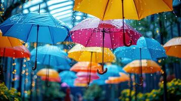 ai généré coloré gouttes de pluie, parapluies, et radiant teintes créer une de bonne humeur printemps afficher photo