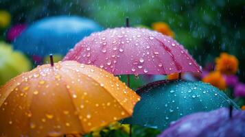 ai généré coloré gouttes de pluie, parapluies, et radiant teintes créer une de bonne humeur printemps afficher photo