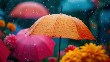 ai généré coloré gouttes de pluie, parapluies, et radiant teintes créer une de bonne humeur printemps afficher photo