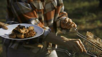 fermer de grillé poulet pièces mettre sur plaque. Stock images. grillé poulet est mettre dans assiette de barbecue dans la nature. prêt à l'emploi barbecue poulet dans forêt sur ensoleillé été journée photo