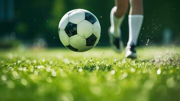 ai généré football joueur court à donner un coup le balle. Balle sur le herbe champ de arène. établi avec génératif ai photo