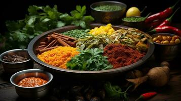 ai généré fait maison curry dans assiette sur en bois table Contexte établi avec génératif ai photo