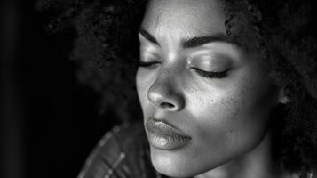 ai généré sérieux africain américain femme avec fermé yeux. noir et blanc proche en haut portrait. photo