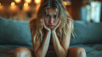 ai généré portrait de triste Jeune femme dans lingerie séance sur le lit. photo