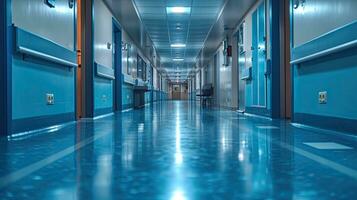 ai généré hôpital couloir avec bleu des portes et les fenêtres. photo