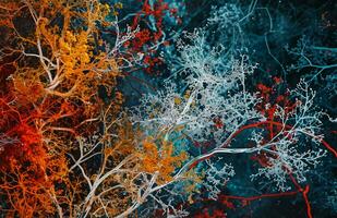 ai généré abstrait image de coloré branches, de manière complexe mappé mondes, foncé Azur et rouge photo