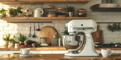 ai généré cuisine batteur mixer sur en bois table dans cuisine photo