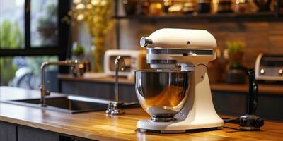 ai généré cuisine batteur mixer sur en bois table dans cuisine photo