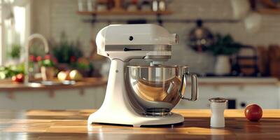 ai généré cuisine batteur mixer sur en bois table dans cuisine photo