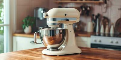 ai généré cuisine batteur mixer sur en bois table dans cuisine photo