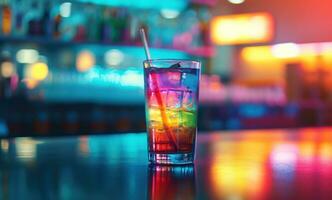 ai généré arc en ciel coloré cocktail avec boisson bâton est sur le table à boîte de nuit photo