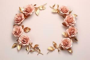 ai généré une 3d le rendu de une or circulaire Cadre avec deux rose des roses photo