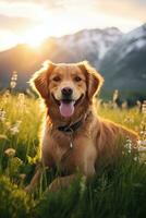 ai généré une content chien se prélasser dans le d'or heure lumière du soleil gambader photo