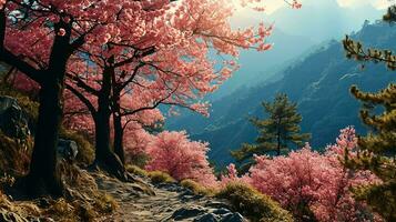 ai généré le majestueux séduire de montagnes couvert dans Cerise fleurs délicat rose pétales épanouissement dans le croustillant printemps air. photo