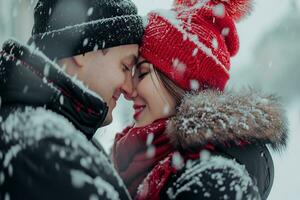 ai généré couple dans romantique hiver et chute de neige ensemble, content Valentin journée concept photo