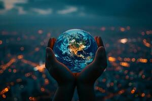 ai généré le globe Terre dans le humains mains photo