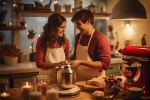 ai généré la Saint-Valentin journée cuisson session une cuisine scène avec charmant couple cuisson et profiter. photo