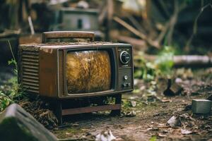 ai généré fermer photographier de vieux crt la télé dans de face de vieux mur photo