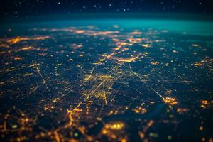 ai généré fermer le planète Terre vue à nuit et ville éclairage photo