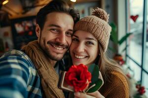 ai généré joyeux charmant couple prise selfie sur valentines jour, content Valentin journée concept photo