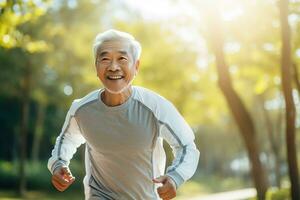 ai généré portrait la photographie de content Sénior citoyenne qui est le jogging pour délicatesse photo