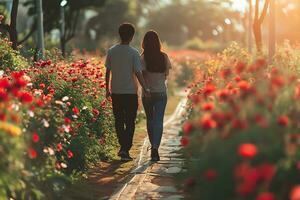 ai généré Jeune couple en marchant ensemble dans fleur jardin, content la Saint-Valentin journée concept photo