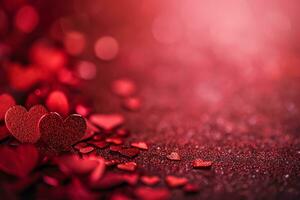 ai généré rouge Couleur Contexte entouré par romantique atmosphère de flottant rouge cœur en forme de coupé papiers photo