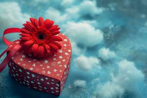 ai généré rouge cadeaux avec Rose fleurs sur bleu nuageux arrière-plan, content Valentin journée concept photo
