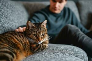 ai généré Jeune homme séance sur une gris canapé caresses le tête de une marron tigré chat photo