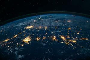 ai généré fermer le planète Terre vue à nuit et ville éclairage photo