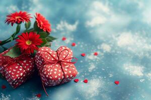 ai généré rouge cadeaux avec Rose fleurs sur bleu nuageux arrière-plan, content Valentin journée concept photo