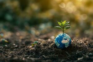 ai généré global Terre sur sol dans forêt avec fougères et Soleil éclat photo