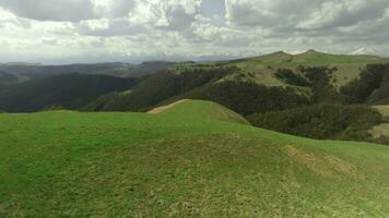 Haut vue de vallonné montagnes avec vert herbe dans été. tir. magnifique vert Montagne pistes avec herbe et clairsemé forêt sur horizon. paysage de montagnes et collines sur nuageux été journée photo