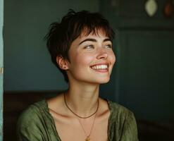 ai généré souriant femmes avec court cheveux dans vert chemise photo