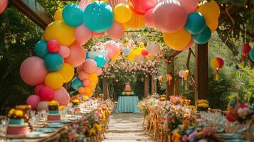 ai généré capricieux décor, vibrant des ballons, et joyeux festivités créer une animé et enchanteur fête ambiance photo