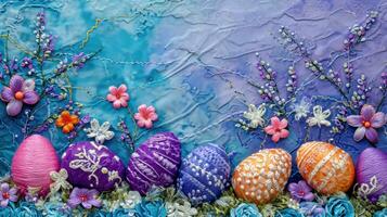 ai généré magnifique coloré Contexte brodé avec fils sur le thème de Pâques photo