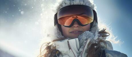 ai généré une skieur avec des skis et des lunettes de protection est souriant dans le neige photo