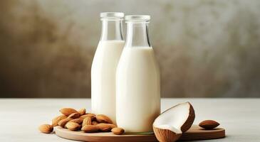 ai généré amande Lait dans bouteille et bol avec amandes photo